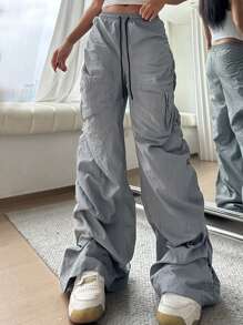 SHEIN EZwear Women's Casual Solid Color Loose Fit Wide Leg Low Waist Trousers - Grey - View 1
