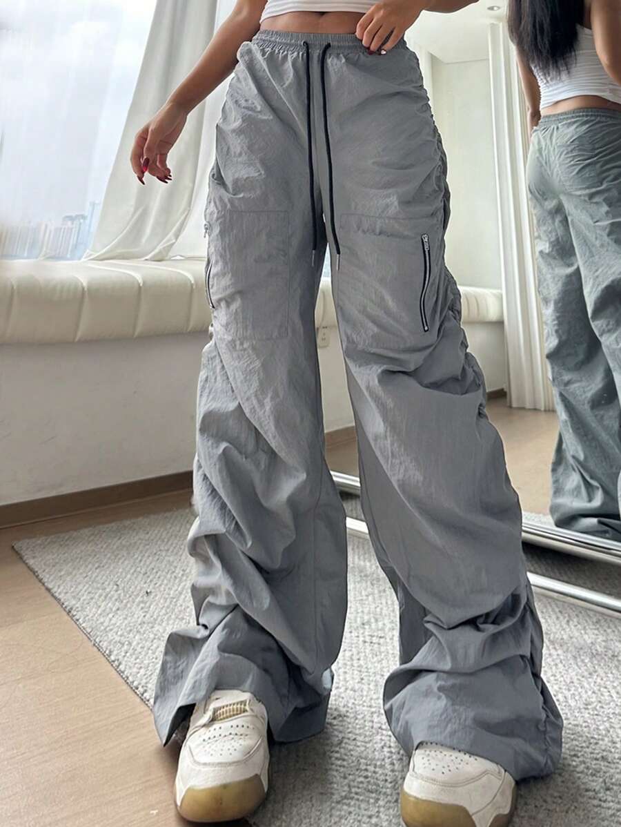 SHEIN EZwear Women's Casual Solid Color Loose Fit Wide Leg Low Waist Trousers - Grey - View 1