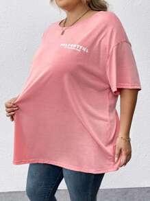 SHEIN CURVE+ 大码花卉印花 T 恤，休闲宽松圆领短袖 T 恤 - 粉色 - 查看 4