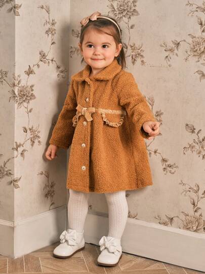 SHEIN Baby Girls Solid Color Lapel Long Sleeve Bow-Tie Decor Loose Cute Plush Jacket, Fall/Winter
