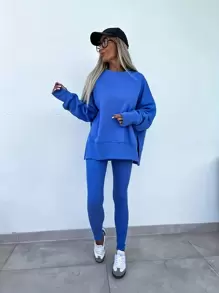 INAWLY 2pcs/Set Women's Solid Round Neck Drop Shoulder Long Sleeve Sweatshirt And Pants Casual Suit, Autumn Winter Fall Cloth For Women - Blue - View 7