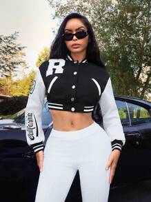 Zolique 女士春秋休闲字母印花落肩短款棒球夹克 - 黑與白 - 查看 1