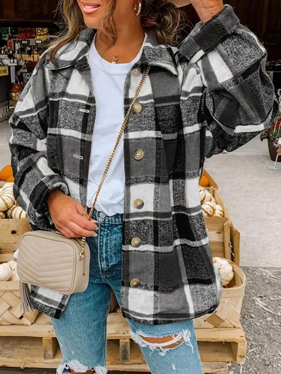 Veste décontractée à manches longues et à épaules tombantes, style ample, à carreaux, pour femmes grandes tailles, printemps/automne - Multicolore - Voir 1