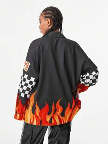 SHEIN EZwear Coolane Blokecore Fashion  Flame Plaid & Letter Print Loose Fit Long Sleeve Shirt For Streetwear - Black - View 2