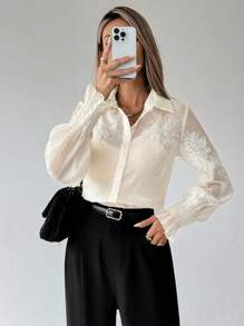 SHEIN Clasi Blusa de manga larga con botones de moda, elegante y encantadora para mujer - Albaricoque - Ver 3