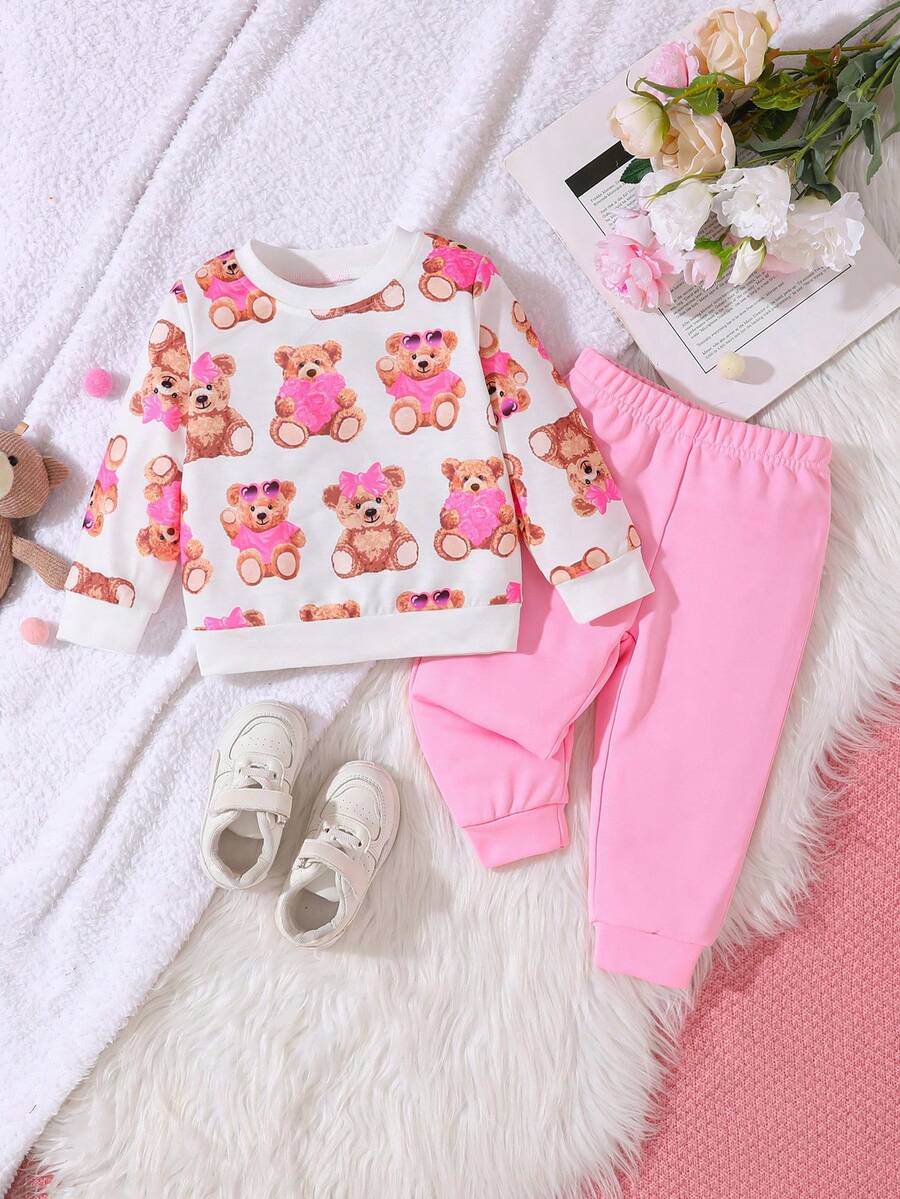 SHEIN 2 piezas/Conjunto de ropa deportiva informal con estampado de oso lindo para niñas bebé - Rosa Pálido - Ver 1