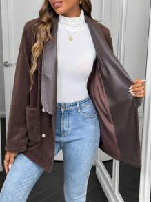 SHEIN LUNE Long Sleeve Front Button Pocket Fur Collar Patchwork Coat Fall Cloth For Women - Khaki - View 3