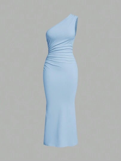 SHEIN EZwear Vestido de color liso minimalista, de hombro asimétrico, plisado, con cola de pez, color azul bebé