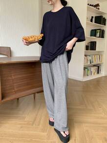 DAZY 2 Stücke Damen Sommer einfarbiges Set aus Rundhals Lässig Top und weiter Hose, Homewear Set Pyjama - marineblau - Übersicht 3