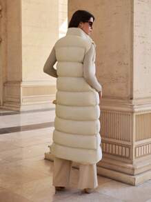 RueChic Longline Puffer Gilet, Extra-Long Puffer Vest - Beige - View 2