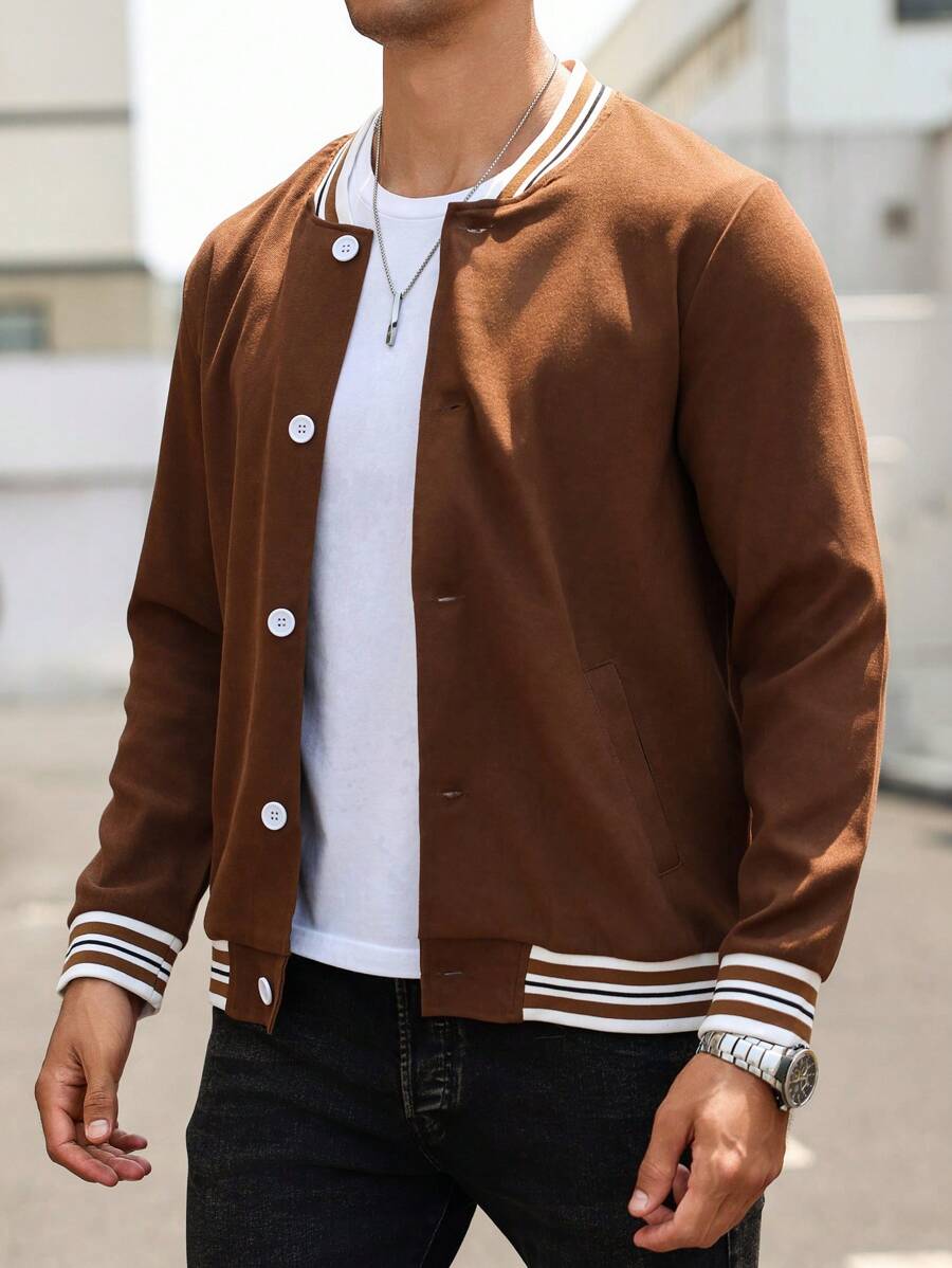 Manfinity Homme Men's Baseball Collar Button Long Sleeve Striped Design Slim Fit Street Style Jacket - Coffee Brown - View 1