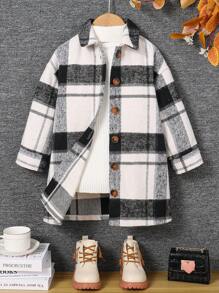 SHEIN Áo khoác lông cổ tròn thả vai cho bé gái, thích hợp mặc thường ngày & đi học hàng ngày vào mùa thu & đông - Nhiều màu - Xem 2