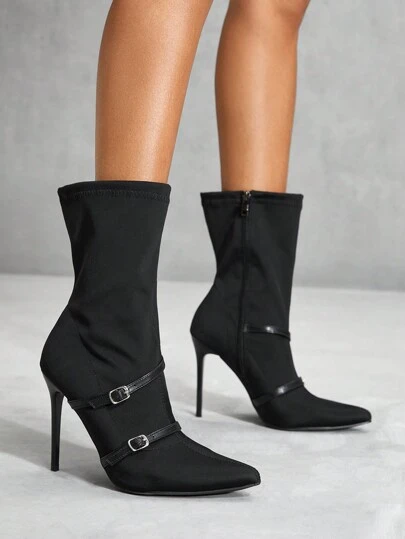 CUCCOO SZL Zapatos de mujer Moda Nueva Botas de tacón alto con punta para mujer Stilettos negros Cómodos de llevar Botas cortas clásicas con cremallera lateral Botas profesionales de fiesta de tubo medio Botas de bruja de Halloween Otoño
