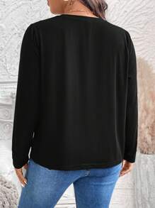 EMERY ROSE Plus Size Casual T-Shirt With Sequin Heart Decor, Spring & Autumn Winter Clothes - Black - View 2