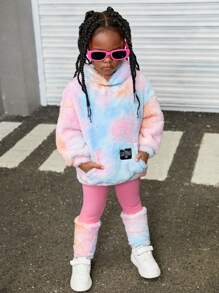 SHEIN Ensemble de sweater à capuche réversible en polaire avec tie-dye et pantalon patchwork pour jeune fille - Bleu azur - Voir 5