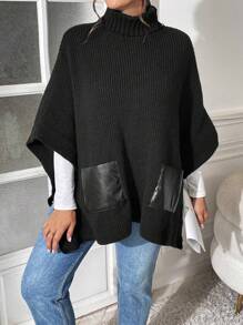 SHEIN Essnce 女士大码羊毛斗篷、套头衫、高领羊毛上衣、冬季女装、毛衣秋季毛衣 - 黑色 - 查看 6