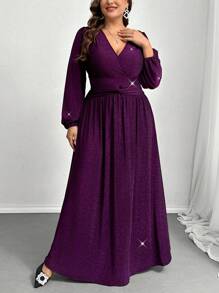 SHEIN Privé Vestido morado de manga larga fluido y holgado con giro romántico, elástico y metálico elegante y de lujo para fiestas y eventos de talla grande para mujer - Morado - Ver 5