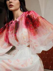 Anewsta Vestido francés elegante con mangas de linterna de manga larga, cintura media y diseño impreso de efecto ahuecado