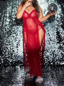 2pcs/Set Plus Size Mesh Lingerie Dress + G-String