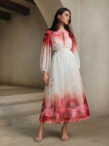 Anewsta Vestido francés elegante con mangas de linterna de manga larga, cintura media y diseño impreso de efecto ahuecado