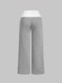 SHEIN MOD Quần ống đứng thời trang nữ màu sắc đơn giản, quần nỉ cạp trễ màu xám, quần ren, quần mùa đông cho nữ, quần legging lông cừu - Xám - Xem 2