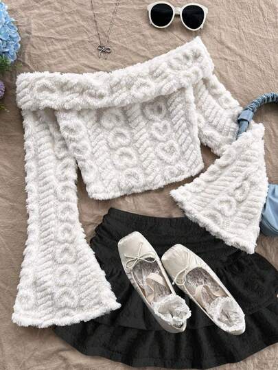 Soleia 1 件女式度假白色心形图案双面羊毛露肩喇叭袖短款上衣，秋季