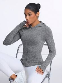 SHEIN Sports Áo thun thể thao trùm đầu cổ khóa kéo dài tay màu trơn cho nữ, mùa xuân và mùa thu - Xám - Xem 7