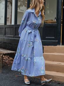 Aveloria Rosie Floral & Striped Print Long Sleeve Shirt Dress For Casual Wear, Autumn Vacation Outfits Woman  Fall Cloth For Women - Blue - View 3