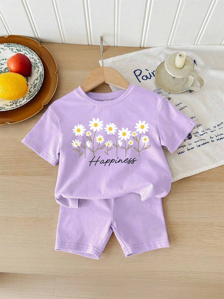 SHEIN Sommer Baby Mädchen Lässig Einfach Kurzarm Shorts Set, Modischer Weit geschnittener Stil