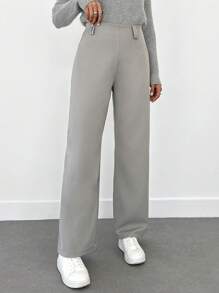 EURMUSE Women's Solid Color Low Waist Straight Pants - Grey - View 5