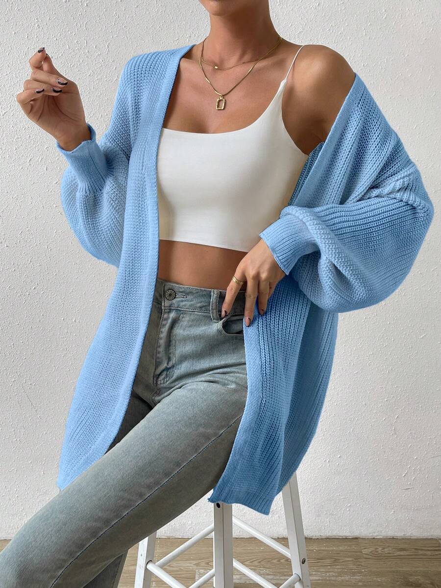 Chiquease Áo khoác cardigan tay Bishop màu trơn giản dị, mùa thu - Màu xanh ngọc - Xem 1