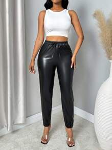 VaVaBold 女式新款 PU 皮革哈伦裤，松紧腰，宽松性感设计，秋冬款 - 黑色 - 查看 6