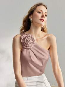 MOTF PREMIUM BLUSA CON UN SOLO HOMBRO CON PARCHES FLORALES - Rosa - Ver 1