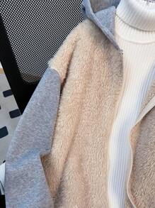 Abrigo con capucha de felpa esponjosa de color block, chaqueta de forro polar abrigada y suave para niñas preadolescentes, para otoño/invierno