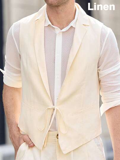 Manfinity VCAY Men's Turndown Collar Drawstring  Linen Suit Vest Casual Wear