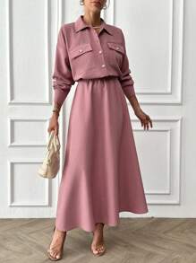 Cottnline 100% Cotton Pink Pinstripe Shirt And Skirt Woven Fabric Set - Pink - View 4