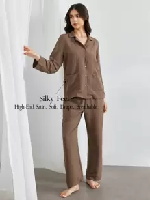 Ocili 2 件套女士纯色纽扣前口袋长袖上衣和裤子家居服套装 - 巧克力棕 - 查看 1