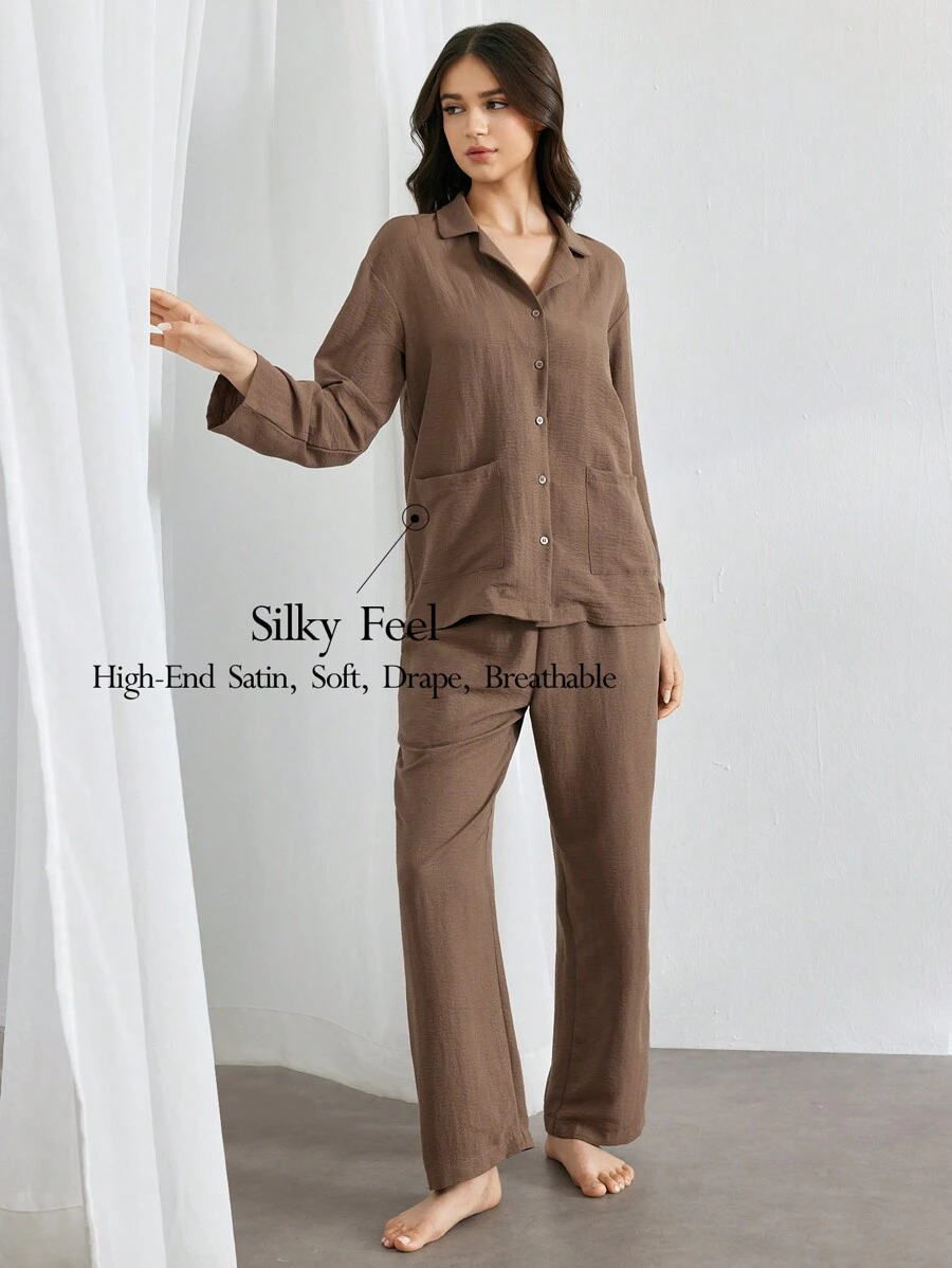 Ocili 2 件套女士纯色纽扣前口袋长袖上衣和裤子家居服套装 - 巧克力棕 - 查看 1