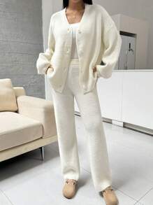 SHEIN Essnce 2pcs Women's Casual Solid Color Lantern Sleeve Cardigan And Pants Set, Autumn - White - View 3