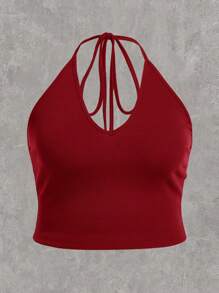 SHEIN EZwear 大码女式休闲针织挂脖背心，夏季 - 玫瑰紅 - 查看 7