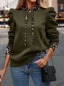 SHEIN Clasi Casual damessweater met luipaardprint, capuchon en trekkoord, herfst