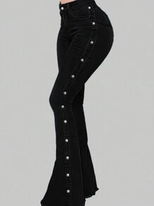 Women's Side Button Decor Casual Skinny Flare Jeans - Black - View 1