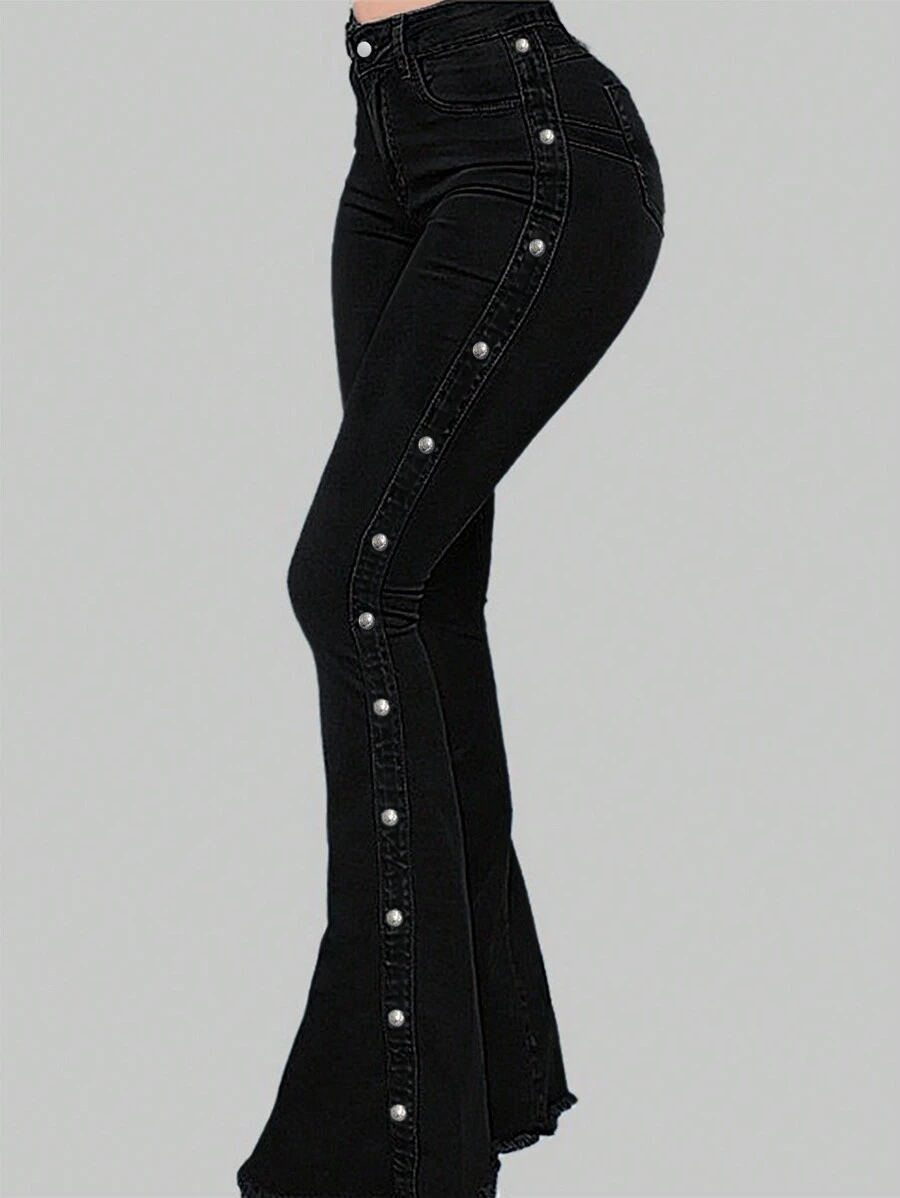 Women's Side Button Decor Casual Skinny Flare Jeans - Black - View 1