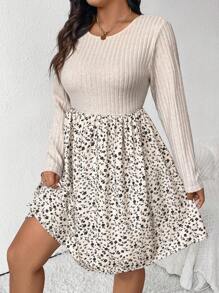 SHEIN Frenchy 大码女式碎花拼布圆领长袖休闲连衣裙，秋季，针织连衣裙，杏色连衣裙，度假连衣裙 - 卡其色 - 查看 3