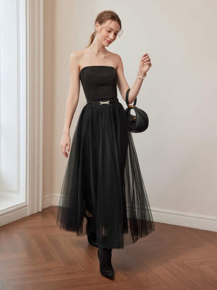 MESH FLARE HEM ELASTIC WAIST MAXI SKIRT