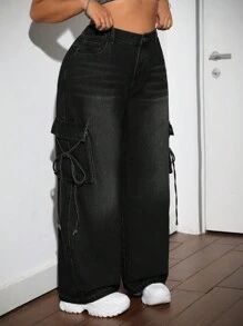 SHEIN ICON Black Plus Size Boyfriend Jeans Street Loose Wide Leg Cargo Baggy Tie Bow Back To School Jeans