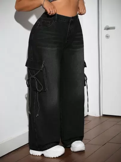 SHEIN ICON Black Plus Size Boyfriend Jeans Street Loose Wide Leg Cargo Baggy Tie Bow Back To School Jeans