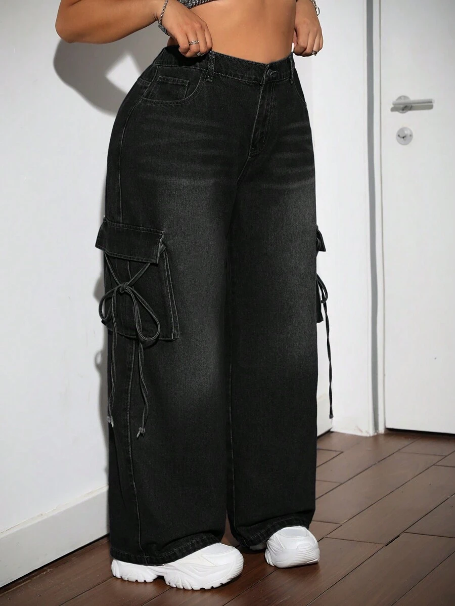 SHEIN ICON Black Plus Size Boyfriend Jeans Street Loose Wide Leg Cargo Baggy Tie Bow Back To School Jeans