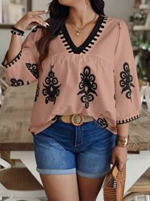 Breezaya Willekeurige bloemenprint plus size dames casual V-hals 3/4 mouw losse blouse