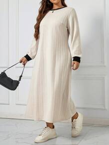 Mulvari Đầm thường ngày dài tay chắp vá màu khối cỡ lớn - Màu be - Xem 6